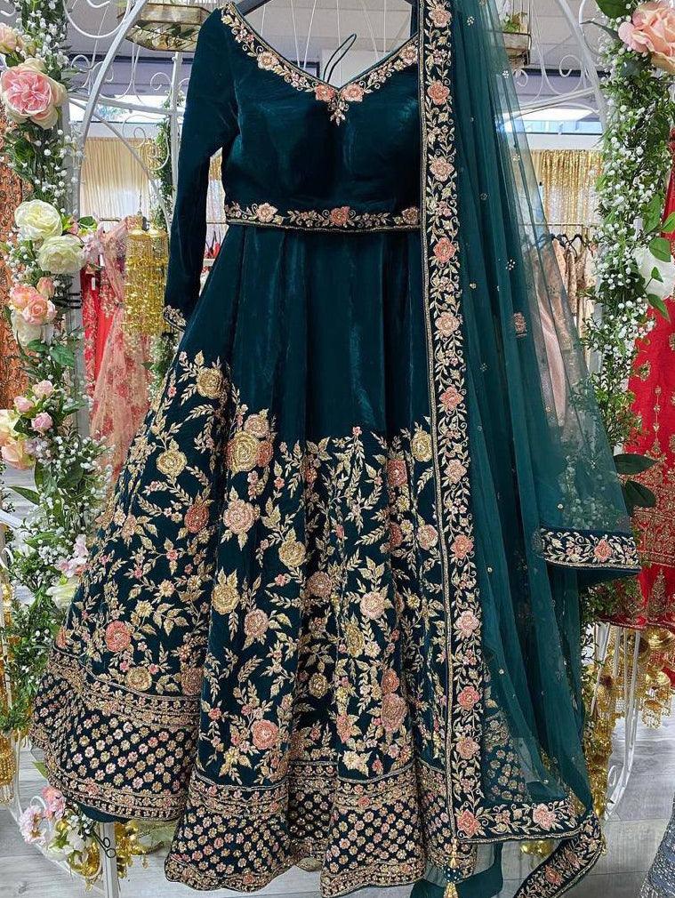 Teal Green Velvet Embroidery Lehenga Choli with Dupatta - Indiakreations