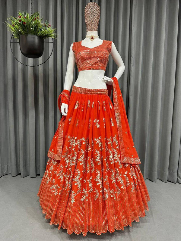 Orange Georgette Embroidery Lehenga Choli with Dupatta - Indiakreations