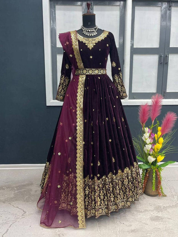 Sangria Purple Velvet Embroidery Salwar Suit with Dupatta - Indiakreations