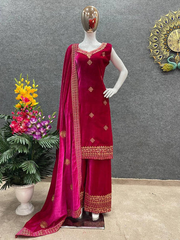 Pink Velvet Embroidery Salwar Suit with Dupatta - Indiakreations