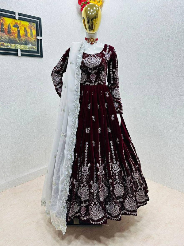 Maroon Velvet Embroidery Salwar Suit with Dupatta - Indiakreations