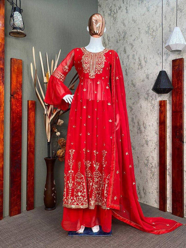 Red Georgette Embroidery Salwar Suit with Dupatta - Indiakreations