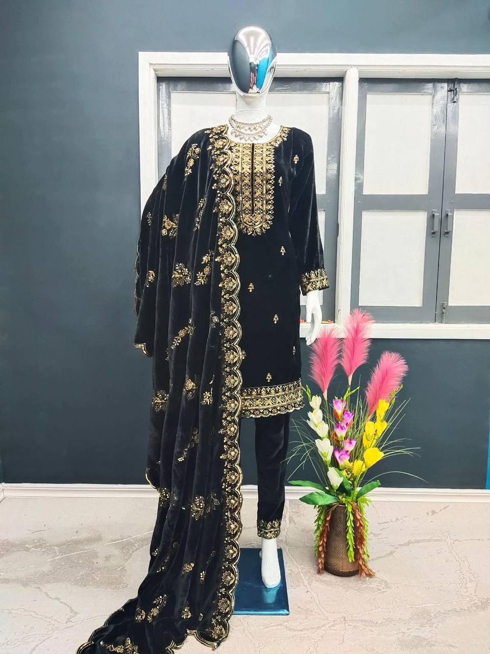 dark Blue Velvet Embroidery Salwar Suit with Dupatta - Indiakreations