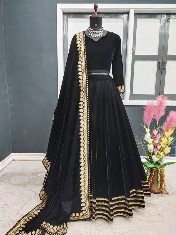 Black Velvet Embroidery Lehenga Choli with Dupatta - Indiakreations