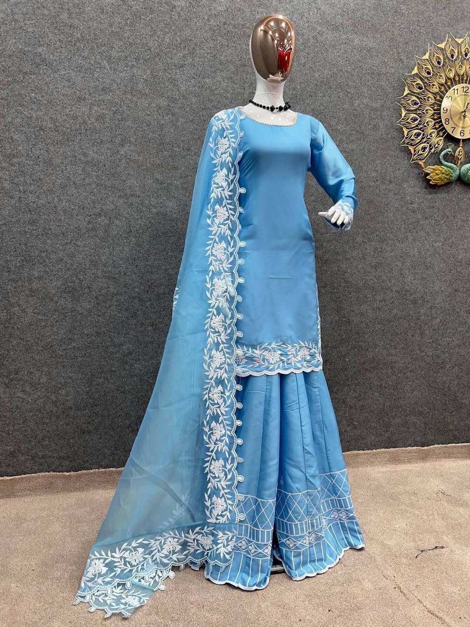 Blue Japan Satin Silk Embroidery Salwar Suit with Dupatta - Indiakreations