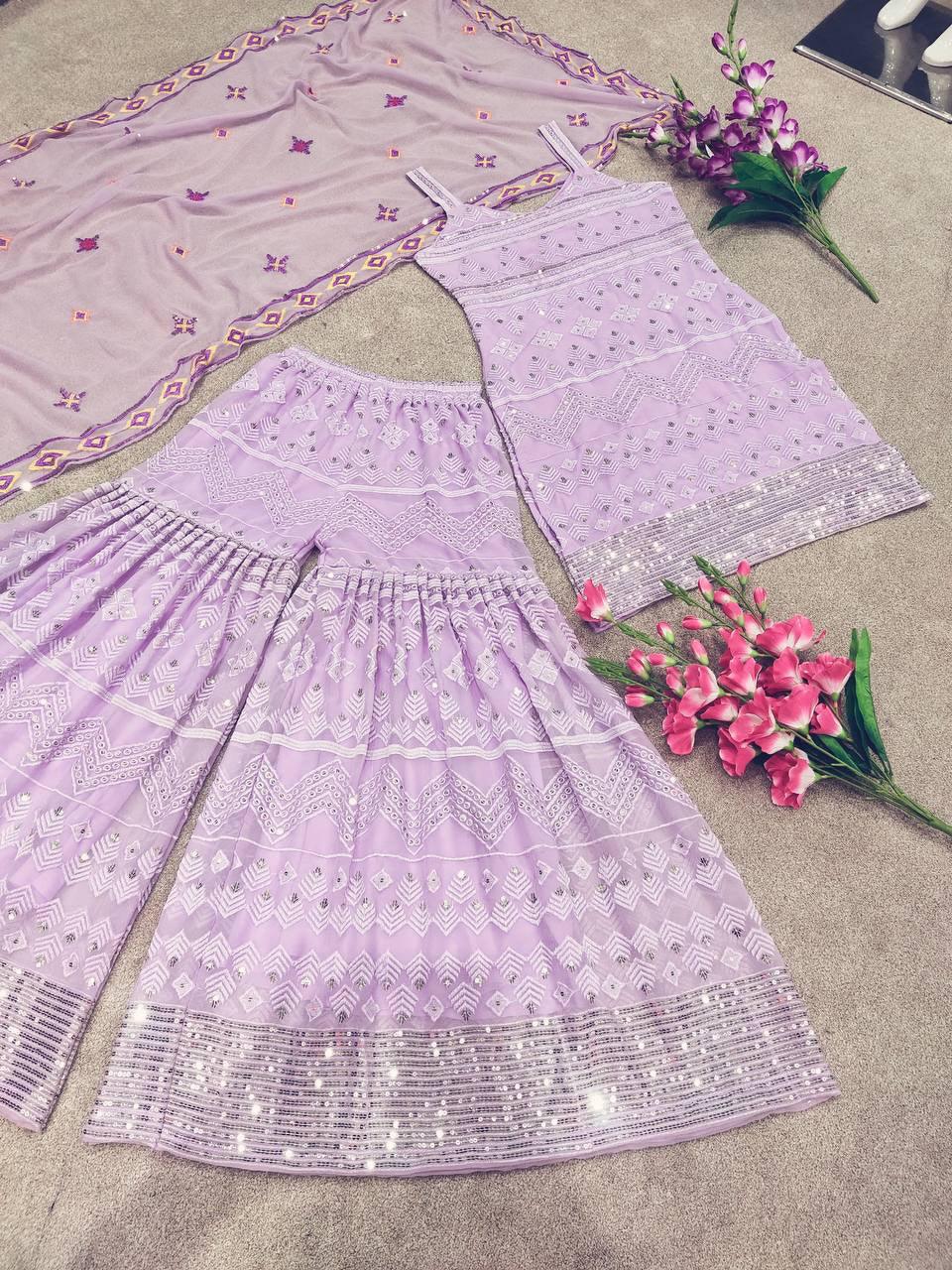 Pastel Purple Georgette Embroidery Salwar Suit with Dupatta - Indiakreations