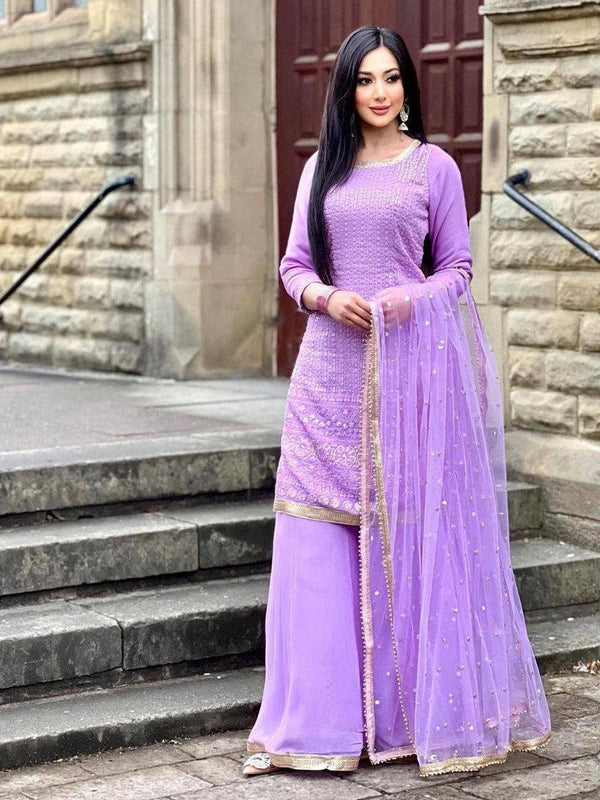 Pastel Purple Georgette Embroidery Salwar Suit with Dupatta - Indiakreations