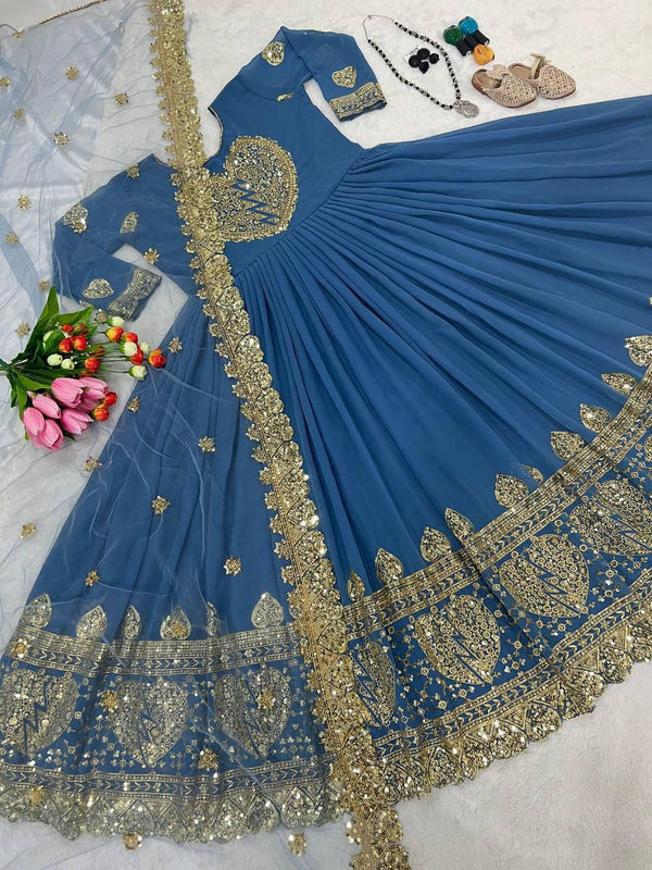 Blue Georgette Embroidery Salwar Suit with Dupatta - Indiakreations