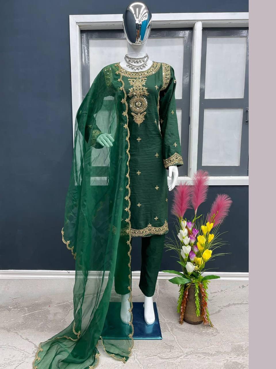 Green Parampara Silk Embroidery Salwar Suit with Dupatta - Indiakreations