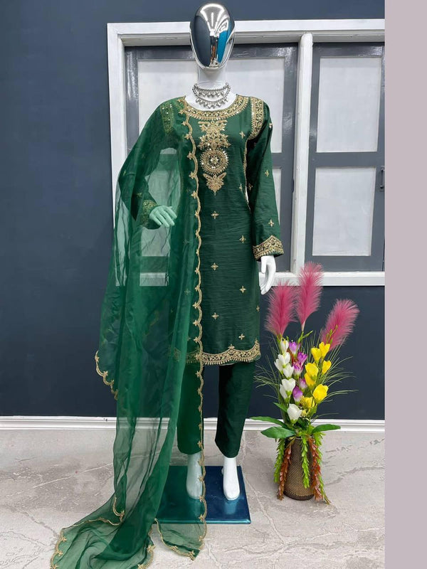 Green Parampara Silk Embroidery Salwar Suit with Dupatta - Indiakreations