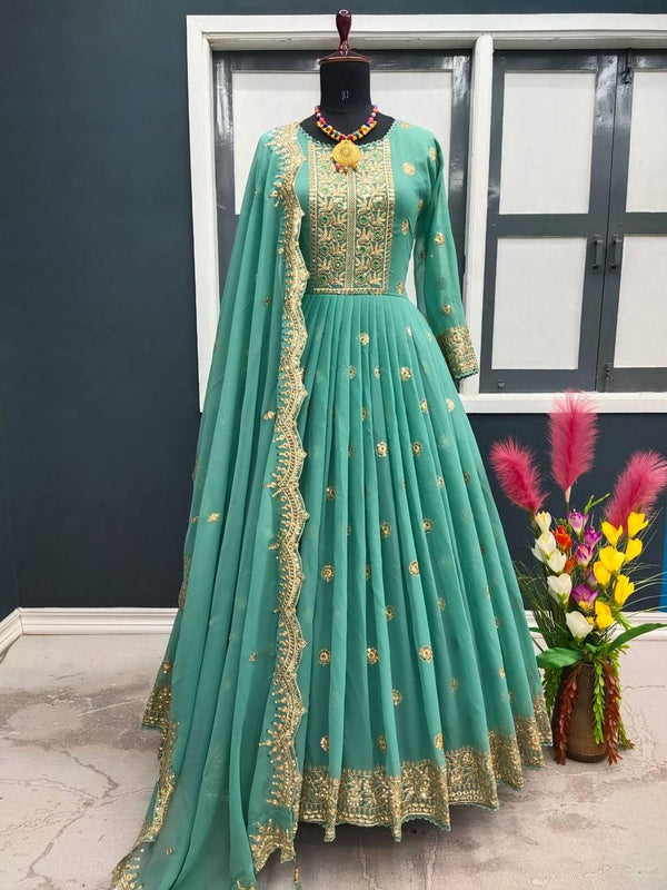 Mint Green Georgette Embroidery Salwar Suit with Dupatta - Indiakreations