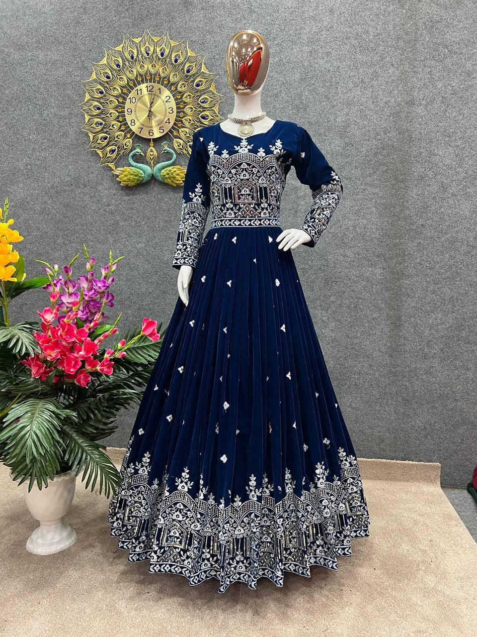 Navy Blue Velvet Embroidery Salwar Suit with Dupatta - Indiakreations