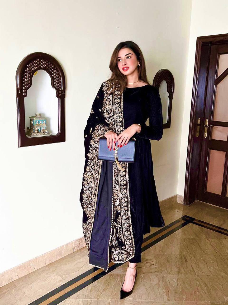 Navy Blue Velvet Embroidery Salwar Suit with Dupatta - Indiakreations