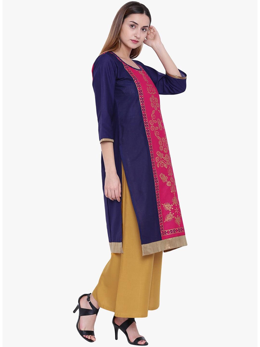 Women's Navy Blue & Pink Ethnic Motifs Printed Panelled Straight Kurta - NOZ2TOZ - Indiakreations