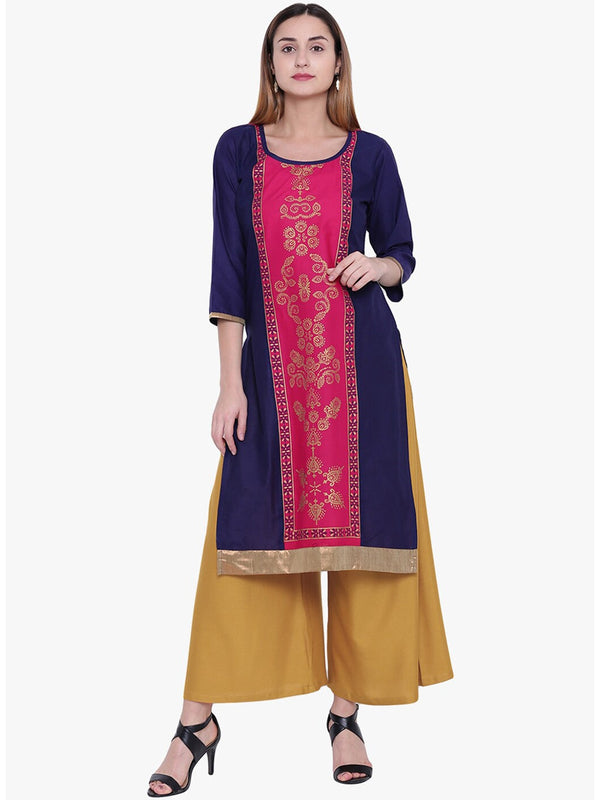 Women's Navy Blue & Pink Ethnic Motifs Printed Panelled Straight Kurta - Noz2Toz