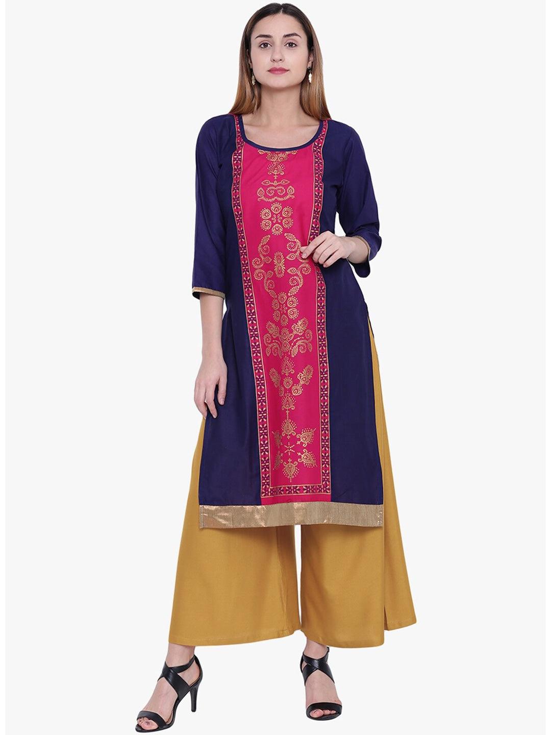 Women's Navy Blue & Pink Ethnic Motifs Printed Panelled Straight Kurta - NOZ2TOZ - Indiakreations