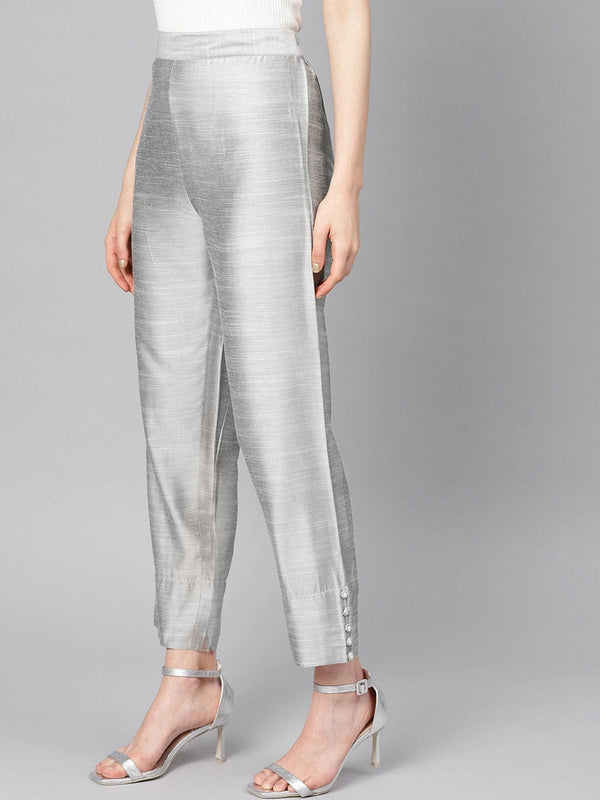 Women's Grey Straight Fit Solid Silk Cropped Regular Trousers - Varanga