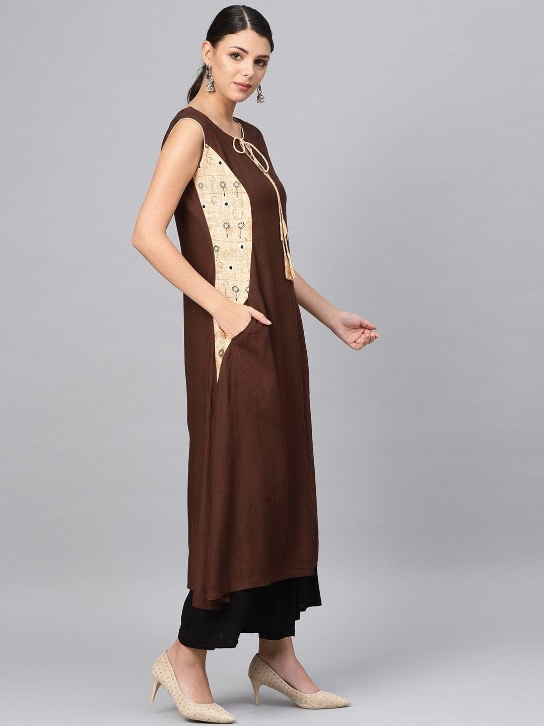 Women's Brown Solid A-Line Kurta - Meeranshi - Indiakreations