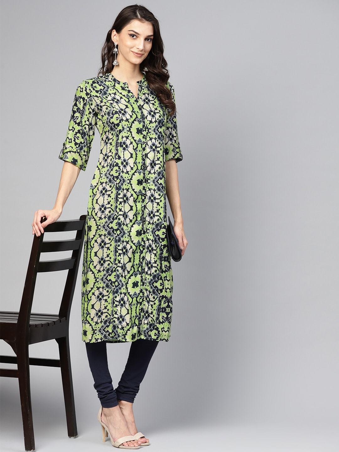 Women's Green & Navy Printed Straight Kurta - Meeranshi - Indiakreations