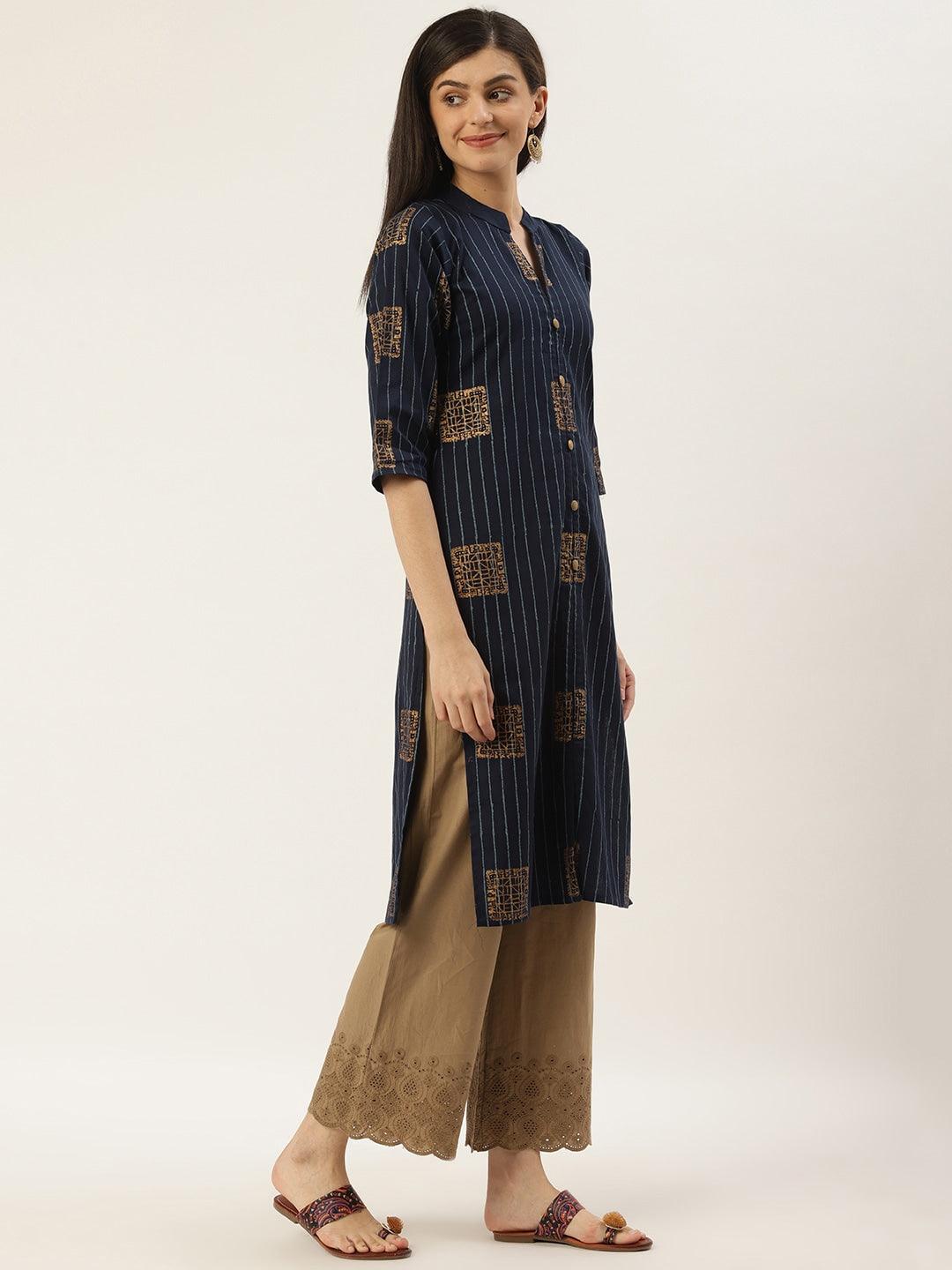 Women's Navy Blue & Golden Striped With Ethnic Printed Straight Kurta - Noz2Toz - Indiakreations