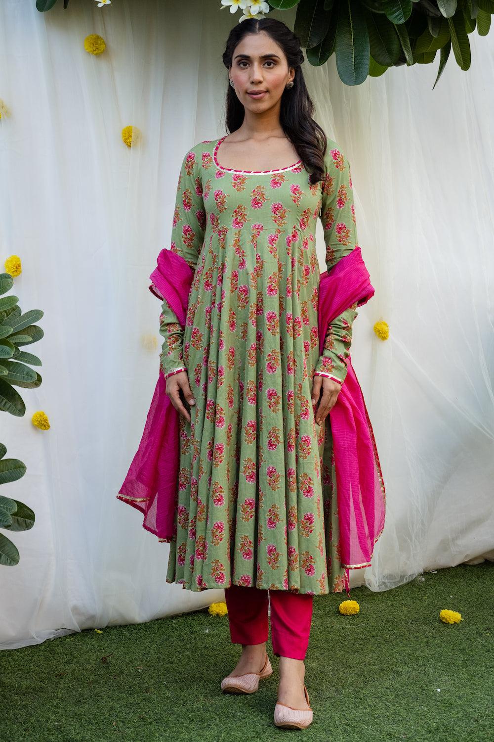 Mehfil Pista Green Anarkali Set - Indiakreations