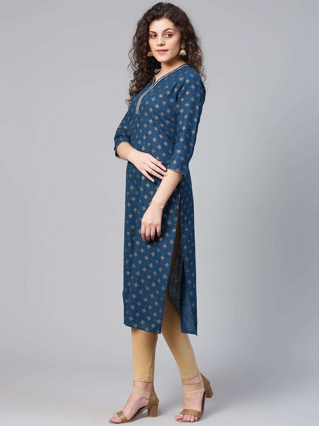 Women's Navy Blue & Golden Printed Straight Kurta - Meeranshi - Indiakreations