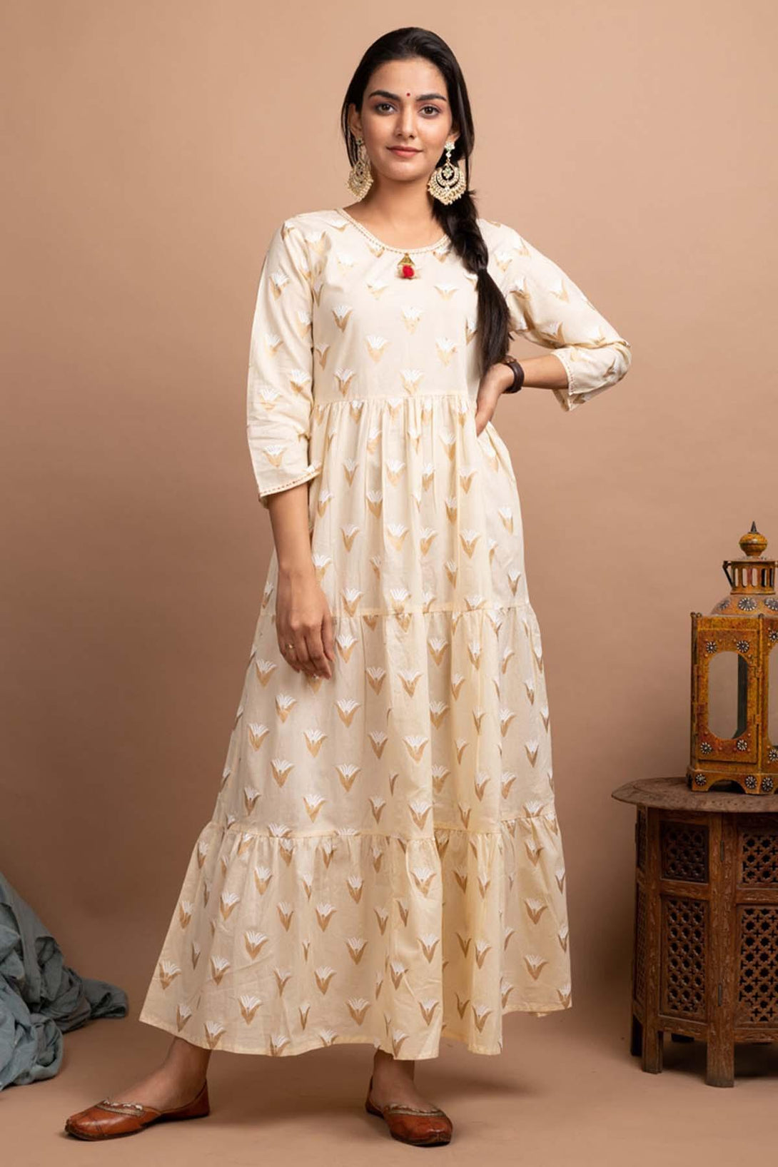 Off-White Long Flared Cotton Ethnic Gown - Indiakreations