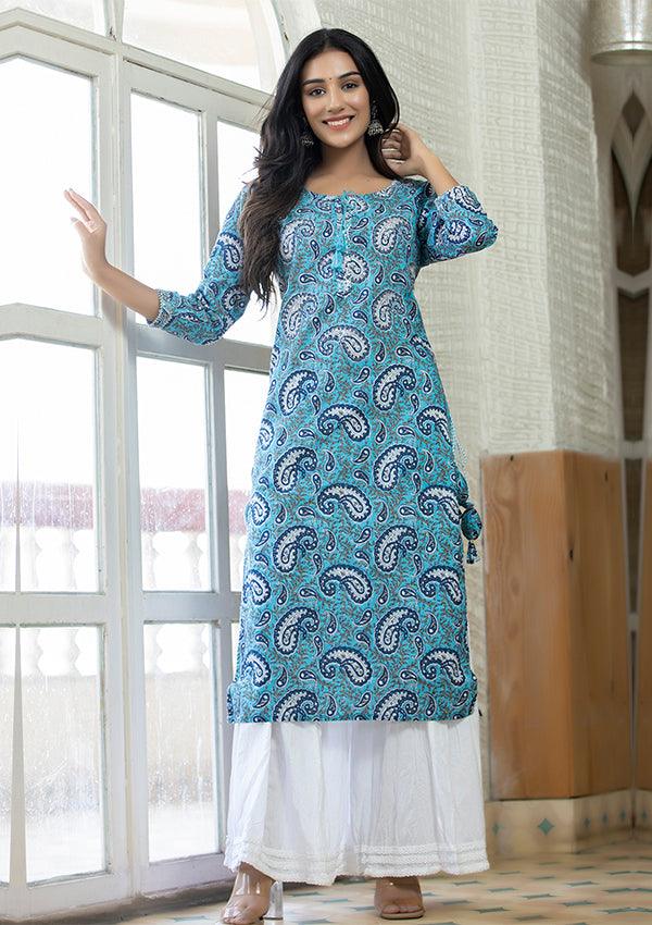 Blue Paisley Printed Kurta Sharara Set - Indiakreations