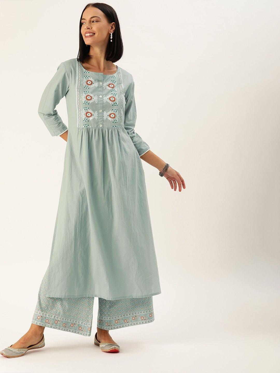 Women Blue Printed Kurta With Palazzos - Indiakreations