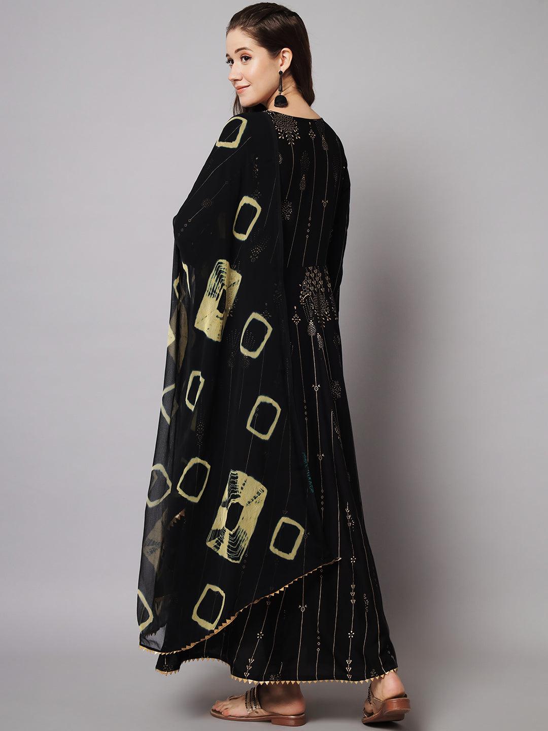 Women's Black & Gold Ethnic Motifs Maxi Dress - Meeranshi - Indiakreations