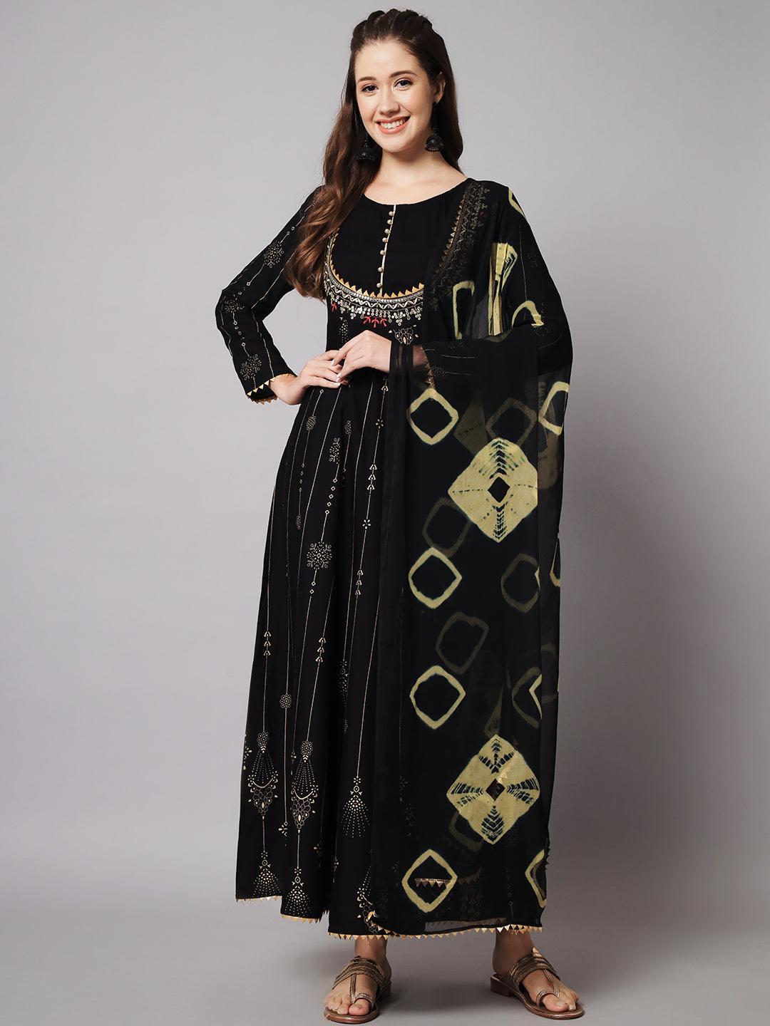 Women's Black & Gold Ethnic Motifs Maxi Dress - Meeranshi - Indiakreations