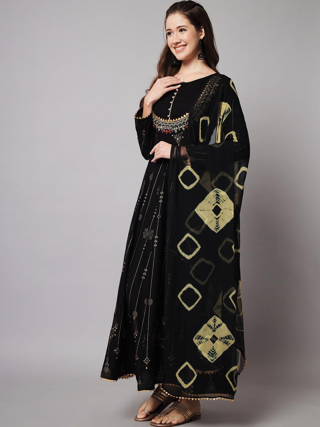 Women's Black & Gold Ethnic Motifs Maxi Dress - Meeranshi - Indiakreations