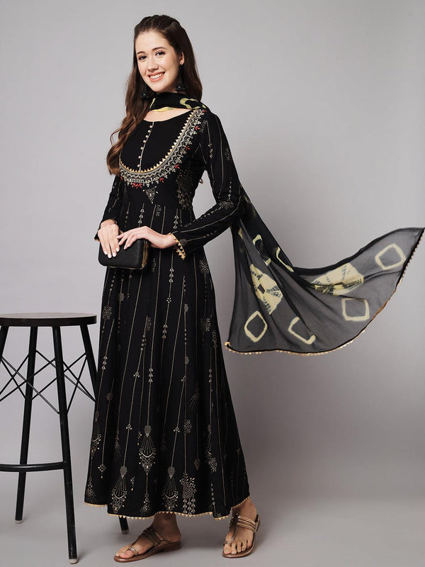 Women's Black & Gold Ethnic Motifs Maxi Dress - Meeranshi - Indiakreations