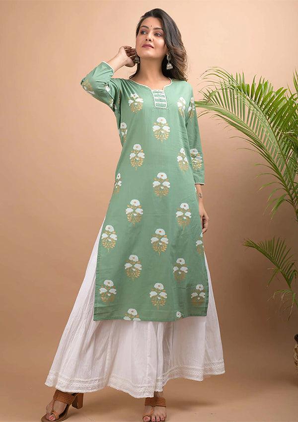 Gold Floral Printed Sea Green Kurta - Indiakreations