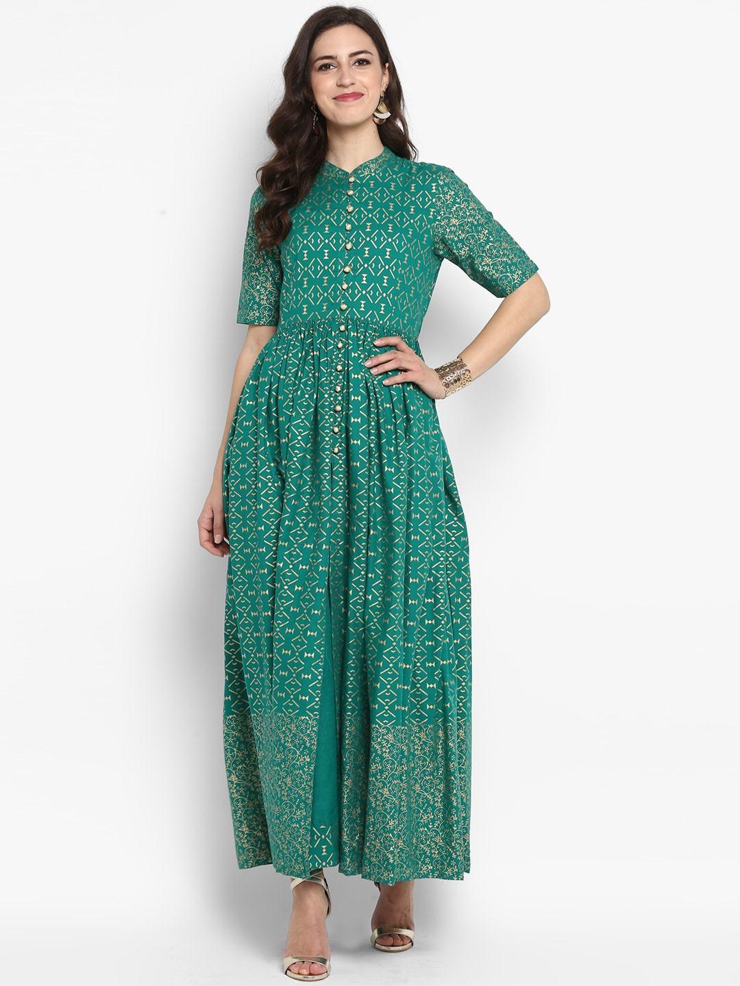 Women's Green Printed Maxi Dress - Meeranshi - Indiakreations