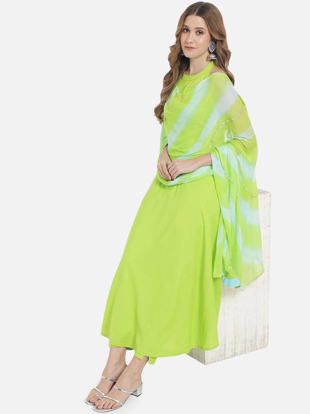 Women's Neon Green Solid Flared Kurta set with Dupatta - Meeranshi - Indiakreations