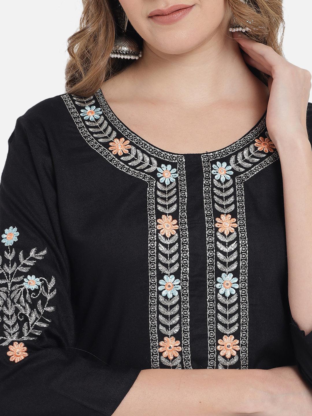 Women's Solid Black Embroidery Kurta Set with Dupatta - Meeranshi - Indiakreations