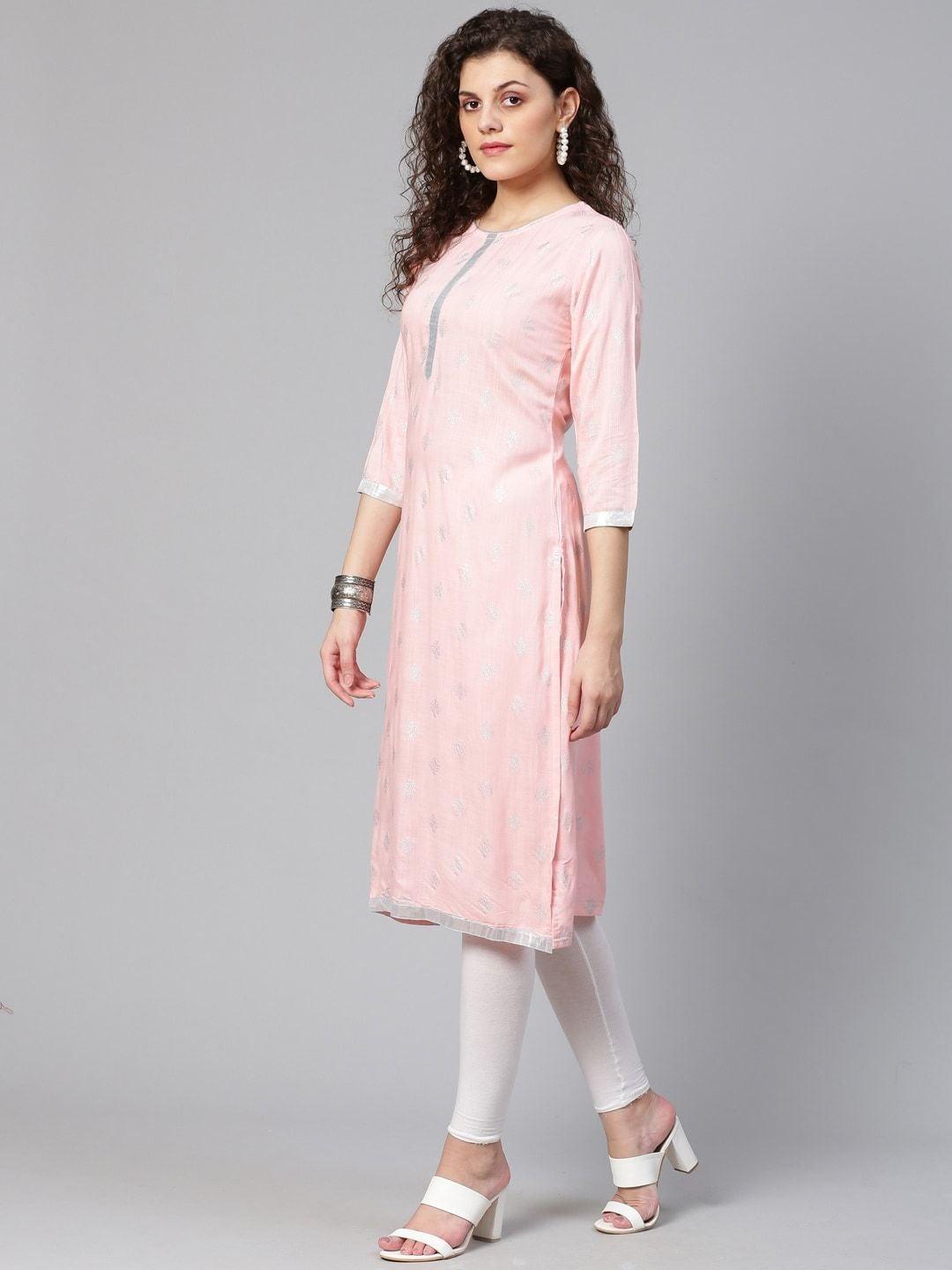 Women's Pink & Silver Gotta Patti Ethnic Printed Straight Kurta - Meeranshi - Indiakreations