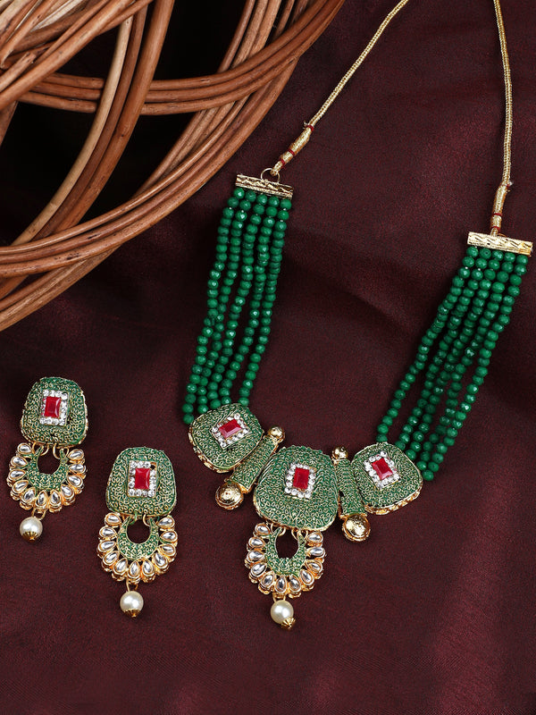 Women's Oynx Green Crystal Kundan Designer Jewellery Set - EVY