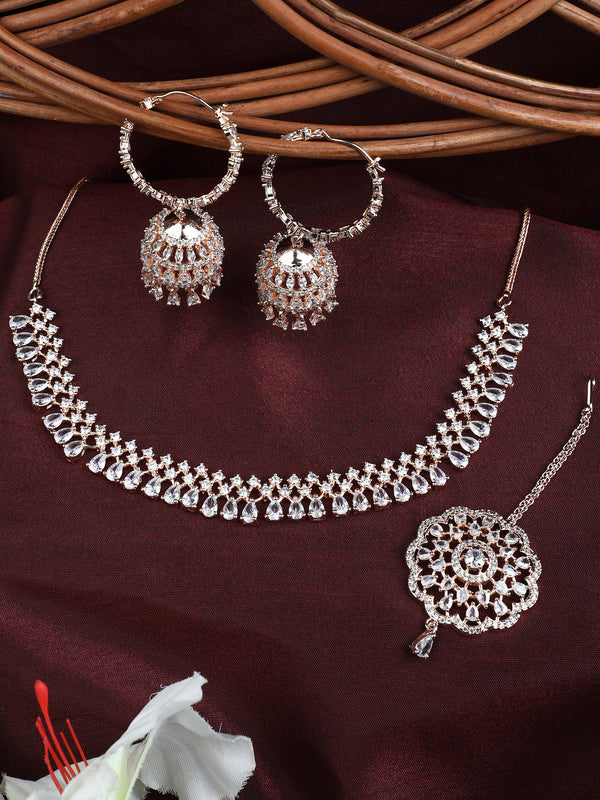 Women's Rosegold White CZ Necklace Bali Jhumki Tikka Jewellery Set - EVY