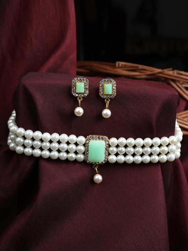 Women's Mint green CZ Pearl Full Length Choker Jewellery Set - EVY