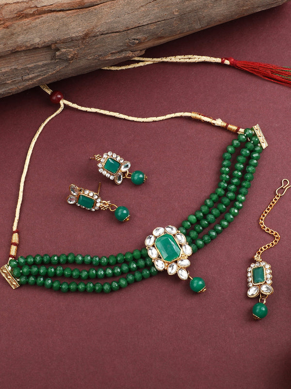 Women's Green Oynx Crystal Kundan Necklace Earrings Tikka Set - EVY