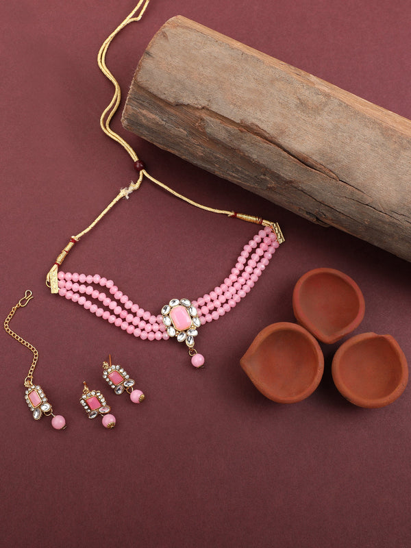 Women's Pink Oynx Crystal Kundan Necklace Earrings Tikka Set - EVY