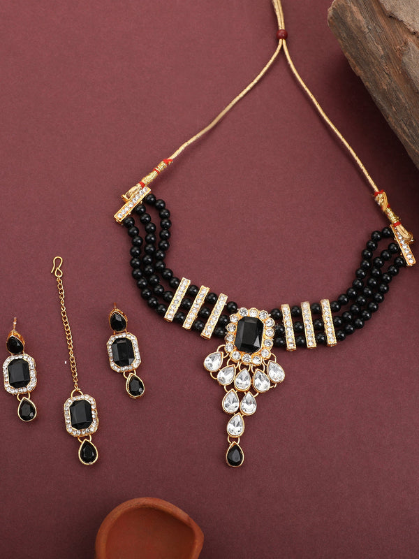 Women's Black Glass Beads CZ Kundan 4pc Full Jewellery Set - EVY