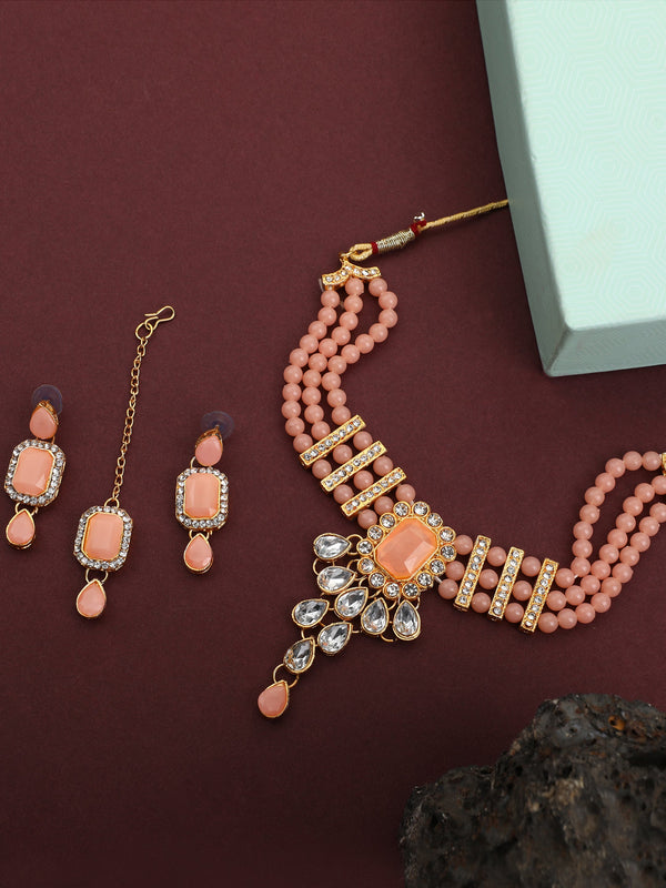 Women's Peach Glass Beads CZ Kundan 4pc Full Jewellery Set - EVY