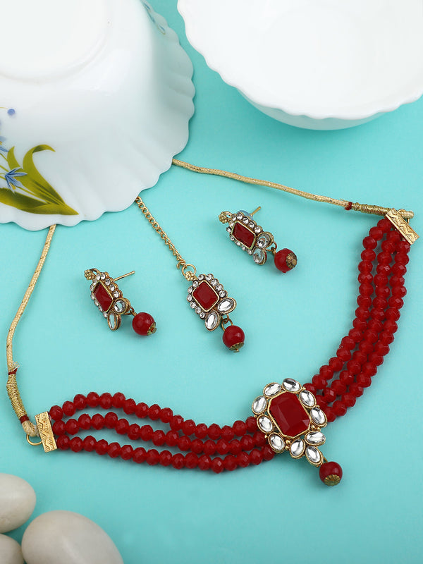 Women's Maroon Oynx Crystal Kundan Necklace Earrings Tikka Set - EVY