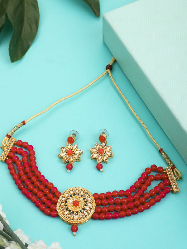 Women's Red Glass Pearl Kundan Choker Jewellery set - EVY