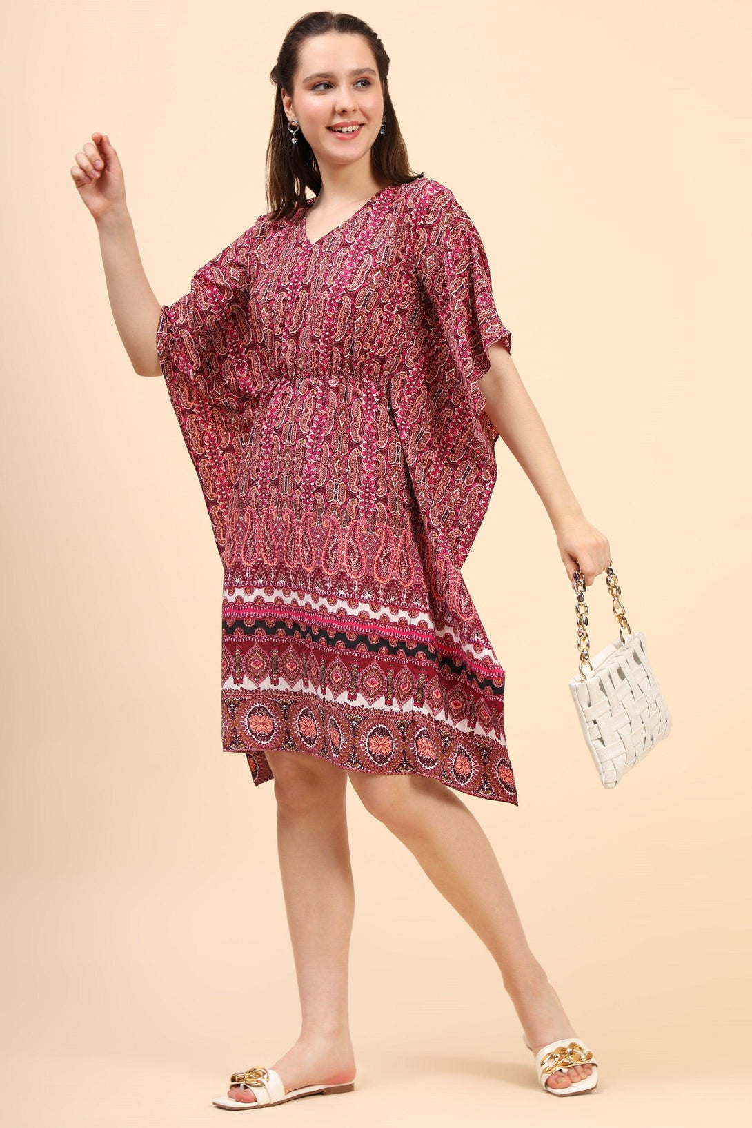 Women's Printed Short Kaftan In Crepe - MIRACOLOS by Ruchi - Indiakreations