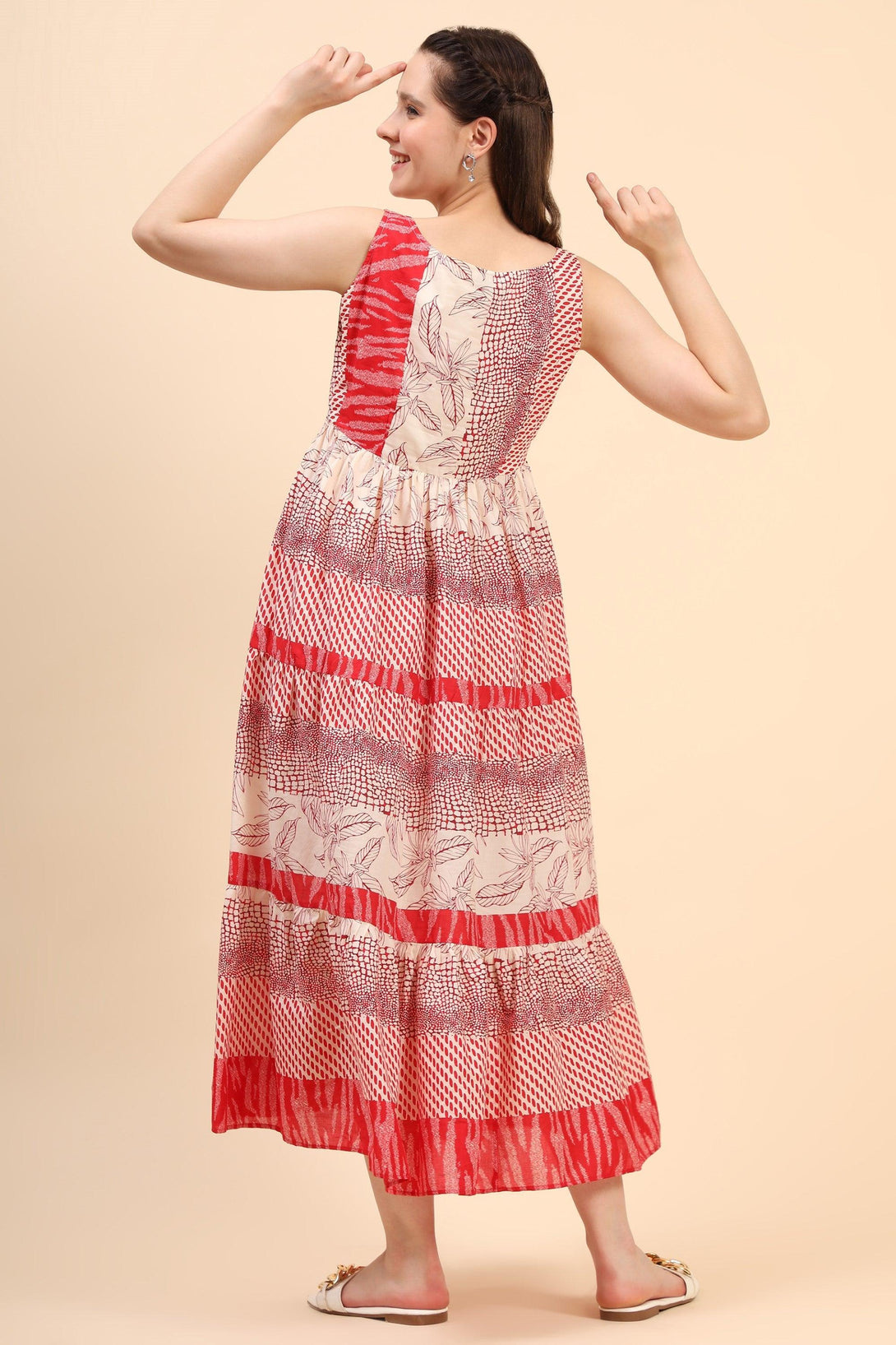 Women's Red And Cream Gather Dress In Cambric - MIRACOLOS by Ruchi - Indiakreations