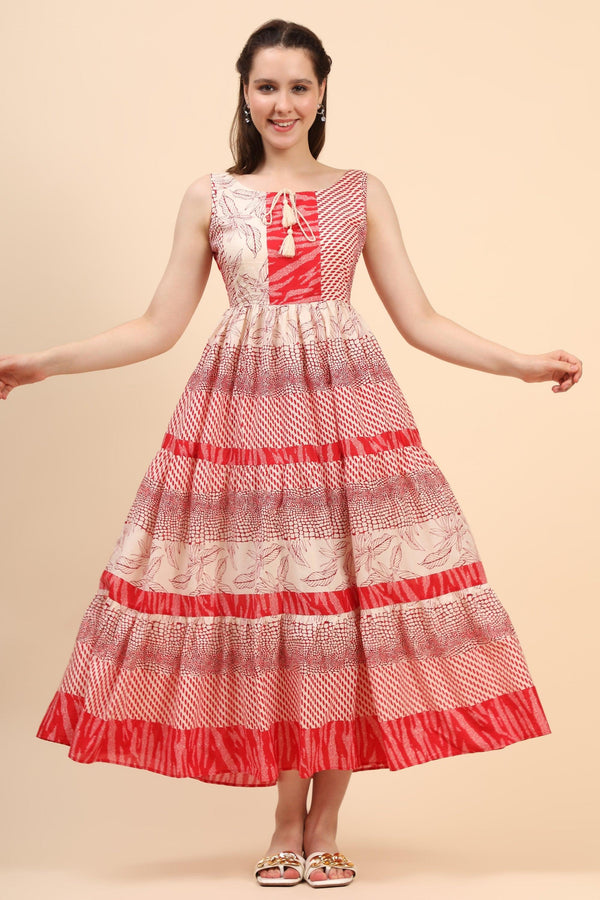 Women's Red And Cream Gather Dress In Cambric - MIRACOLOS by Ruchi - Indiakreations